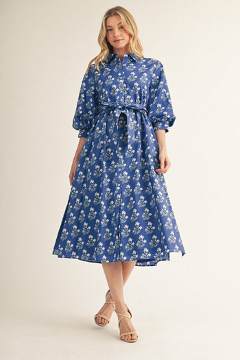 Jodifl Waist Tie Button Down Floral Midi Dress in Cobalt Blue