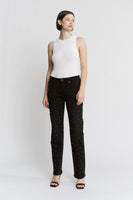 Mica Denim High Rise Pearl and Rhinestone Embellished Straight Leg Jeans in Black Pearl