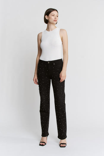 Mica Denim High Rise Pearl and Rhinestone Embellished Straight Leg Jeans in Black Pearl