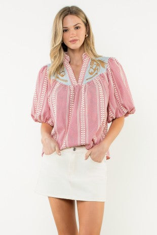 THML Textured Gingham Top with Denim and Horse Embroidery Details in Red