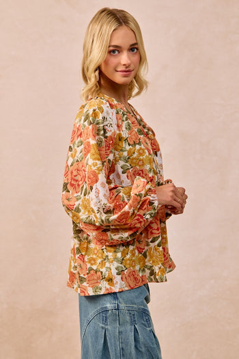 BiBi Rose Floral Mix Print Exaggerated Balloon Sleeve Top in Floral
