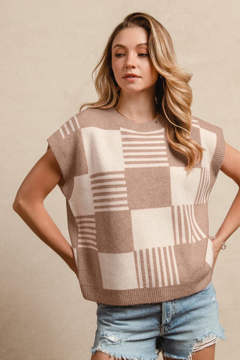 BiBi Sleeveless Sweater with Checkered and Stripe Pattern in Cocoa/Ivory