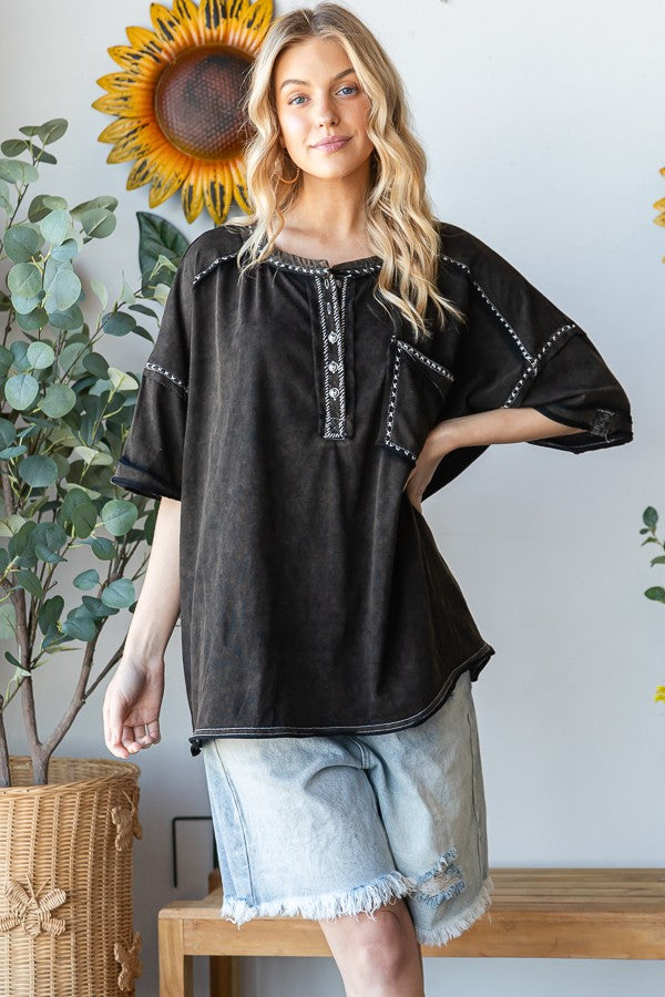 Oli & Hali Contrasting Thread Henley Top in Black Shirts & Tops Oli & Hali   