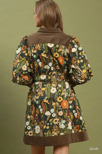 Umgee Floral Print Belted Puff Sleeve Mini Dress in Olive
