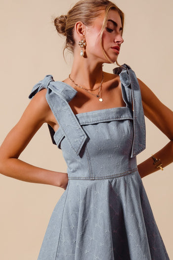 So Me A-Line Fit and Flare Mini Dress with Diamond and Bow Stitching in Light Denim