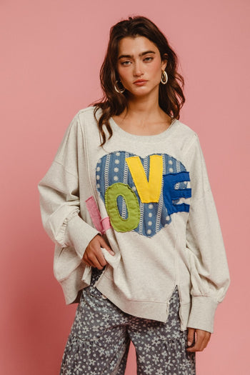 BiBi OVERSIZED French Terry Top with Heart & "LOVE" Letter Patches in Heather Grey