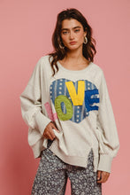 Load image into Gallery viewer, BiBi OVERSIZED French Terry Top with Heart &amp; "LOVE" Letter Patches in Heather Grey
