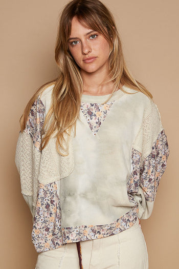 POL Tie Dye Thermal Knit Top with Contrasting Floral and Lace Fabric in Sage Multi