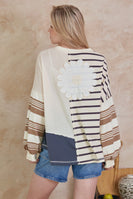 mello. OVERSIZED Mixed Fabric Color Block Daisy Patch Top in Multi Brown