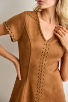 BaeVely Stud Detail Faux Suede V-Neck Mini Dress in Brown