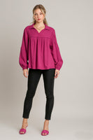 Umgee Cotton Gauze Collared V-Neck Top with Frays in Magenta