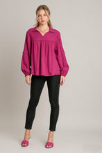 Load image into Gallery viewer, Umgee Cotton Gauze Collared V-Neck Top with Frays in Magenta
