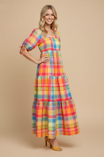 J.nna The Meadow Gingham Tiered Maxi Dress in Colorful Checkered