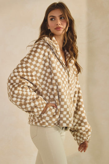 LovLov Fuzzy Fleece Checkered Jacket in Mocha