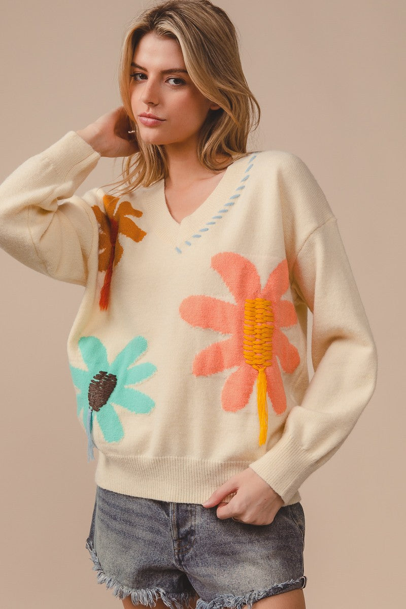 トップス Bibiy. BY. FLOWER SWEAT SHIRT BiBi Flower Pattern Sweater with Stitched and Fringe Details in