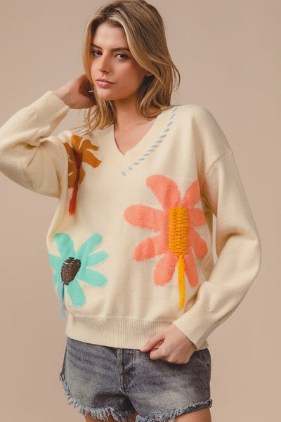 BiBi Flower Pattern Sweater with Stitched and Fringe Details in