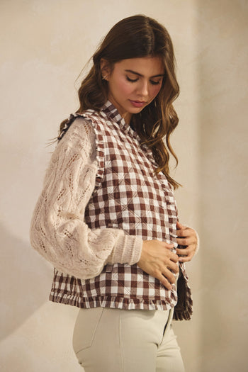 LovLov Ruffled Neck Checkered Vest in Mocha
