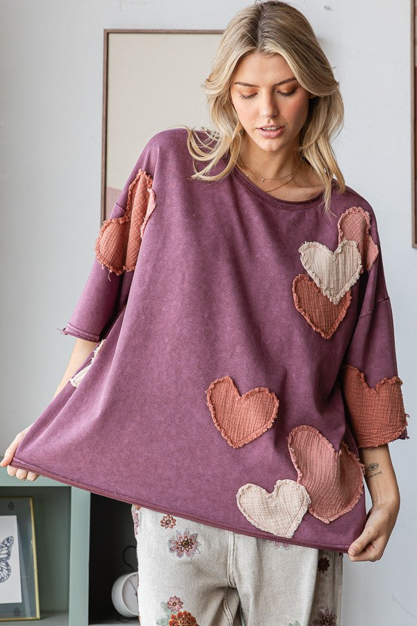 Oli & Hali Mineral Washed Top with Heart Patches in Eggplant