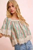 BiBi Mix n Match Floral and Lace Detailed Top in Teal