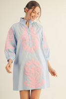 Jodifl Baroque Floral Applique Shift Dress in Powder Blue ON ORDER