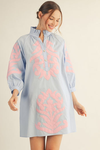 Jodifl Baroque Floral Applique Shift Dress in Powder Blue ON ORDER
