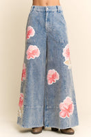 Davi & Dani Washed Corduroy Pants with Printed Flowers in Washed Blue