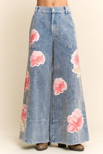 Davi & Dani Washed Corduroy Pants with Printed Flowers in Washed Blue