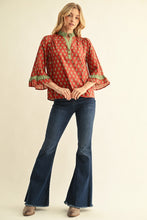 Load image into Gallery viewer, Jodifl Bell Sleeves Ruffle Detail Floral Top in Brick
