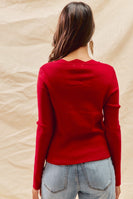 So Me FITTED Knit Sweater Top with Scalloped Neckline in Red