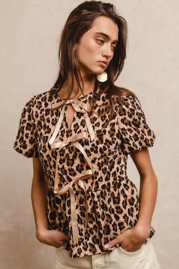 BiBi Textured Peplum Top with Ribbon Ties in Leopard