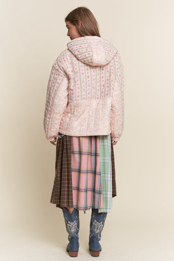J.nna Mixed Floral Print Hooded Puffer Jacket in Pink Cream