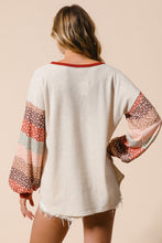 Load image into Gallery viewer, BiBi Solid Color Ribbed Top with Mixed Print Sleeves in Oatmeal
