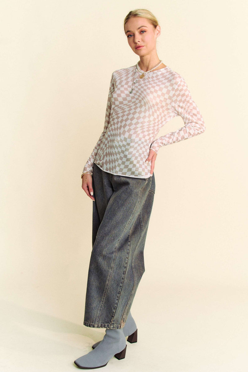 Davi & Dani Checkered Board Print Mesh Layering Top in Ivory Taupe