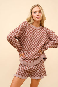 Blue B Cozy Knit Checkerboard Set with Frill Ruffles in Walnut