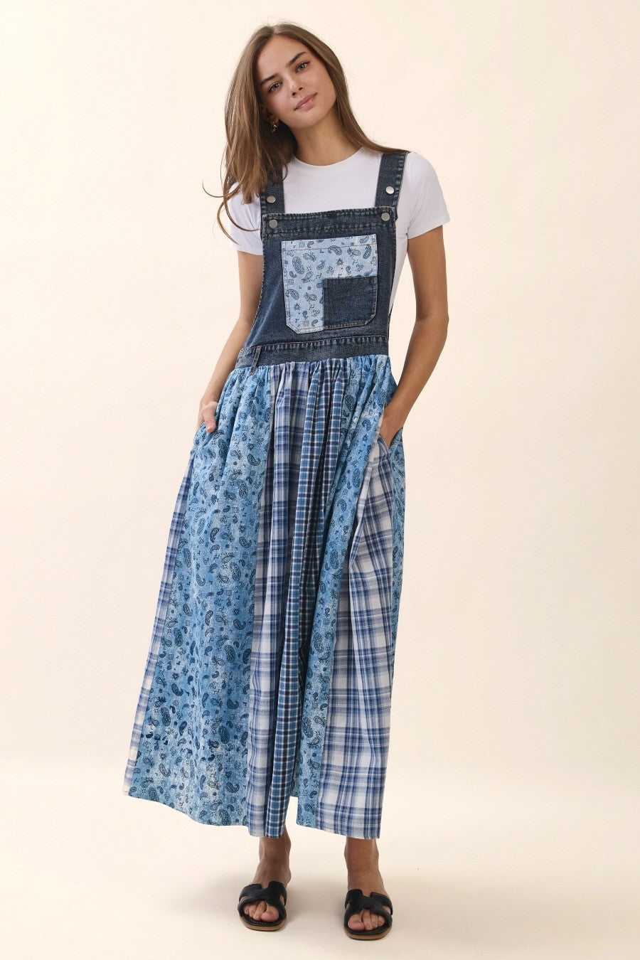 Oddi Mixed Patchwork Overall Dress in Denim Multi 3XL at June Adel