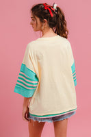 BiBi Loose Fit Dolman Top with Striped Flower Patch Front in Ivory/Jade