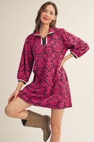 Jodifl Front Half Zip Up Baroque Floral Pattern Dress in Fuchsia