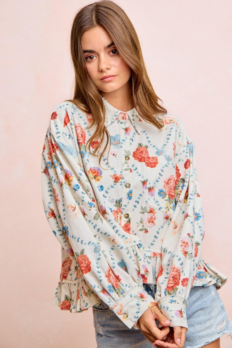 BiBi Floral Ruffle Hem Button-Up Blouse – June Adel