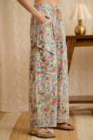 BiBi Floral Wide Leg Pull On Pants With Cargo Pockets in Floral Denim