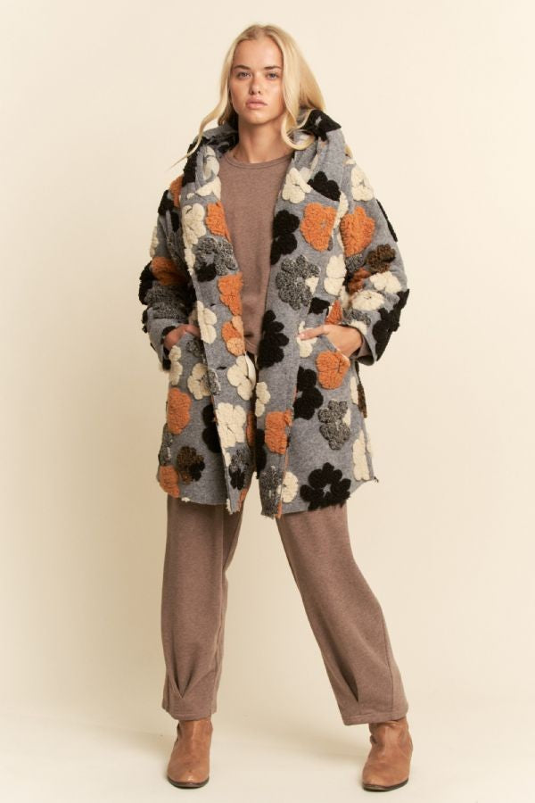 Davi & Dani Multi Flower Embroidery Hooded Jacket in Grey – June Adel