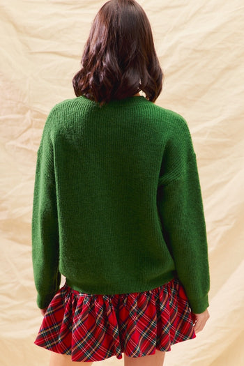 So Me Christmas Plaid Ribbon Bow Front Sweater in Green