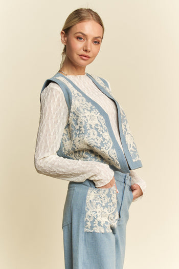 Davi & Dani Casual Textured Lace and Denim Vest in Light Denim Blue