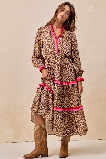 BiBi Leopard Print Midi Dress with Contrasting Wavy Trim in Leopard