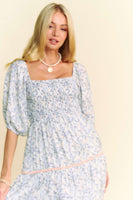 Davi & Dani Floral Print Midi Dress with Contrasting Ric Rac Trim in Blue