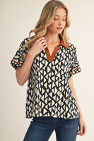 Jodifl Contrast Accent Loose Fit Geo Print Top in Black