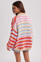Wishlist Multi Stripe Sweater Cardigan in Red/Sky