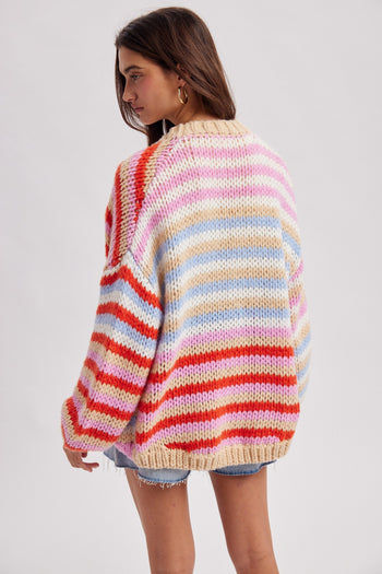 Wishlist Multi Stripe Sweater Cardigan in Red/Sky