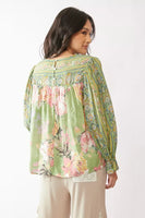 Davi & Dani Mixed Print Peasant Babydoll Top in Sage