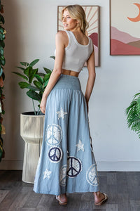 Oli & Hali Smocked Waistband Pants with Peace Sign and Star Patches in Blue