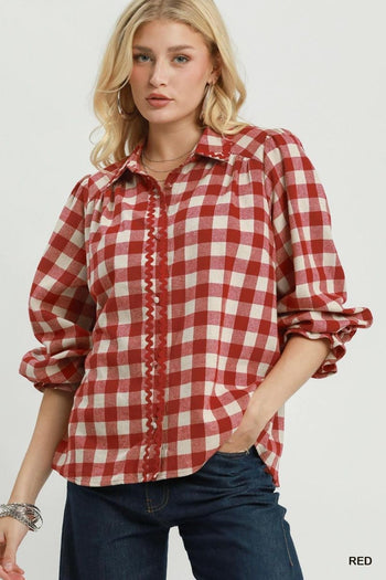 Umgee Gingham Ruffle Trim Button-Up Blouse in Red